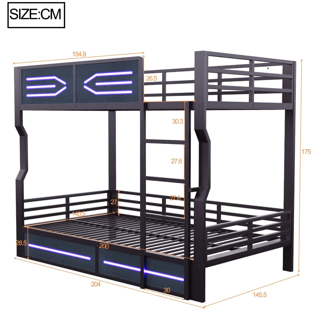 Lit Mezzanine Métal 140x200 Avec LED et Garde-Corps